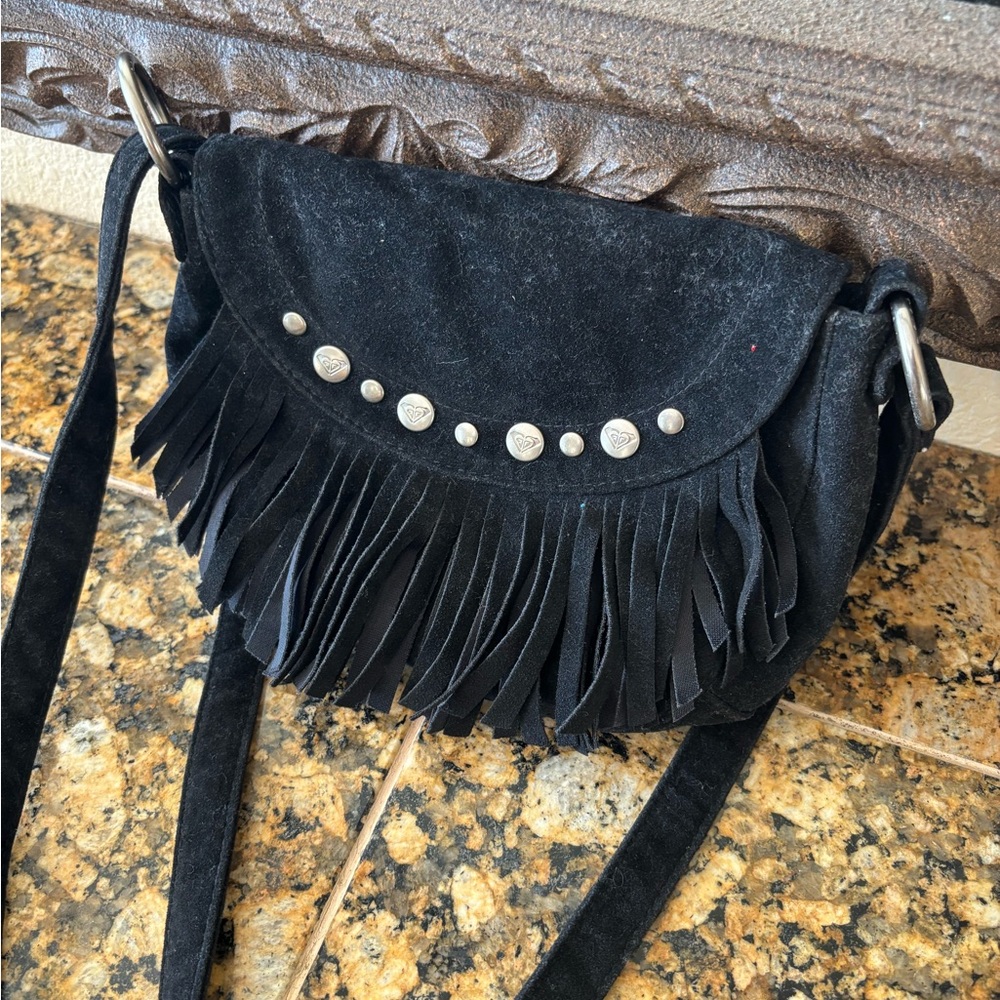 Roxy Y2K Black Suede Fringe‎ Crossbody Bag Studded Boho Festival